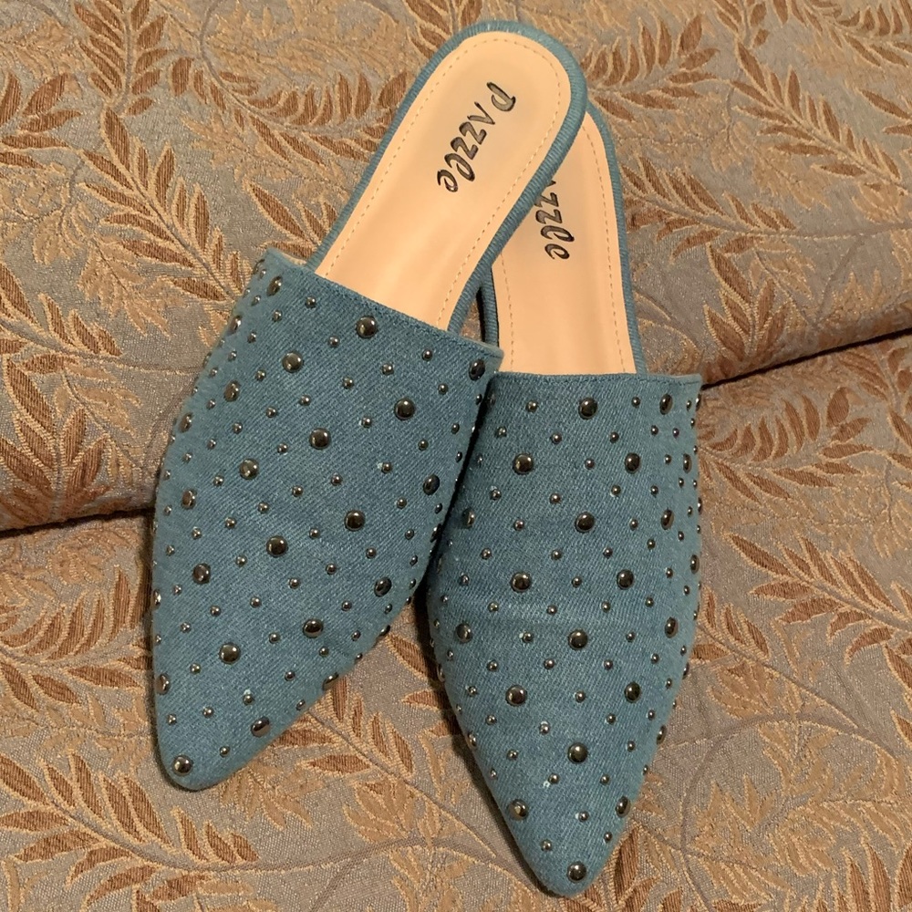 😎Silver Studded Denim Mules. Size 10. Almost New.